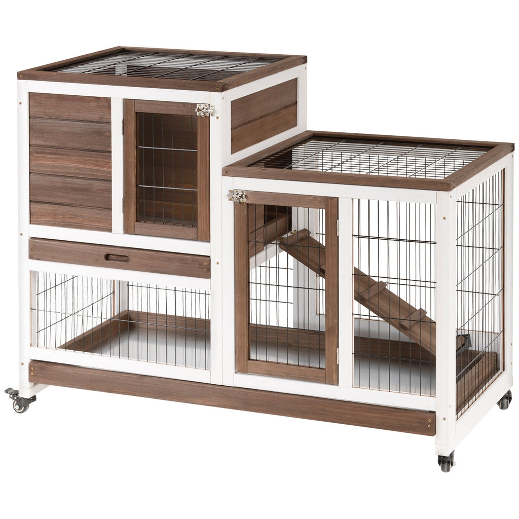 Wooden Rabbit Hutch, Guinea Pig House W/ Wheels & Enclosed Run, Brown