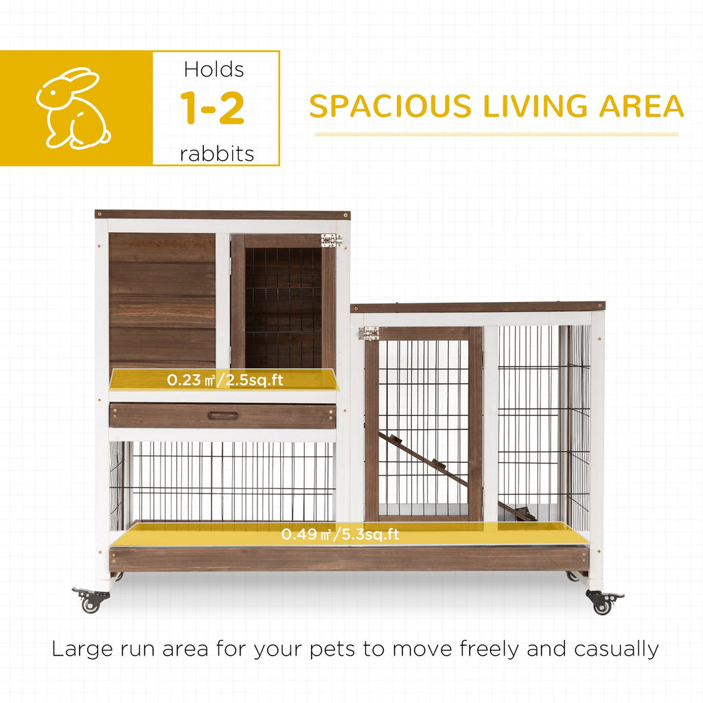 Wooden Rabbit Hutch, Guinea Pig House W/ Wheels & Enclosed Run, Brown