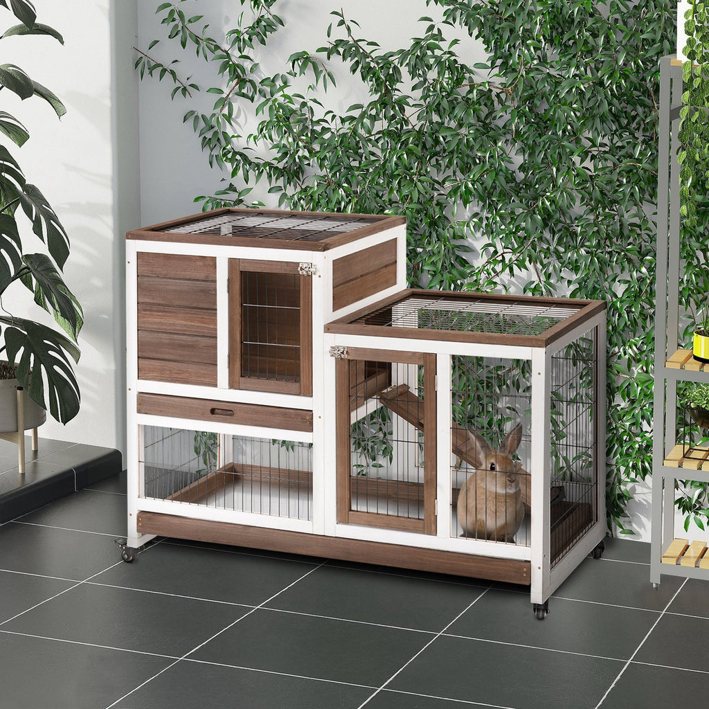 Wooden Rabbit Hutch, Guinea Pig House W/ Wheels & Enclosed Run, Brown