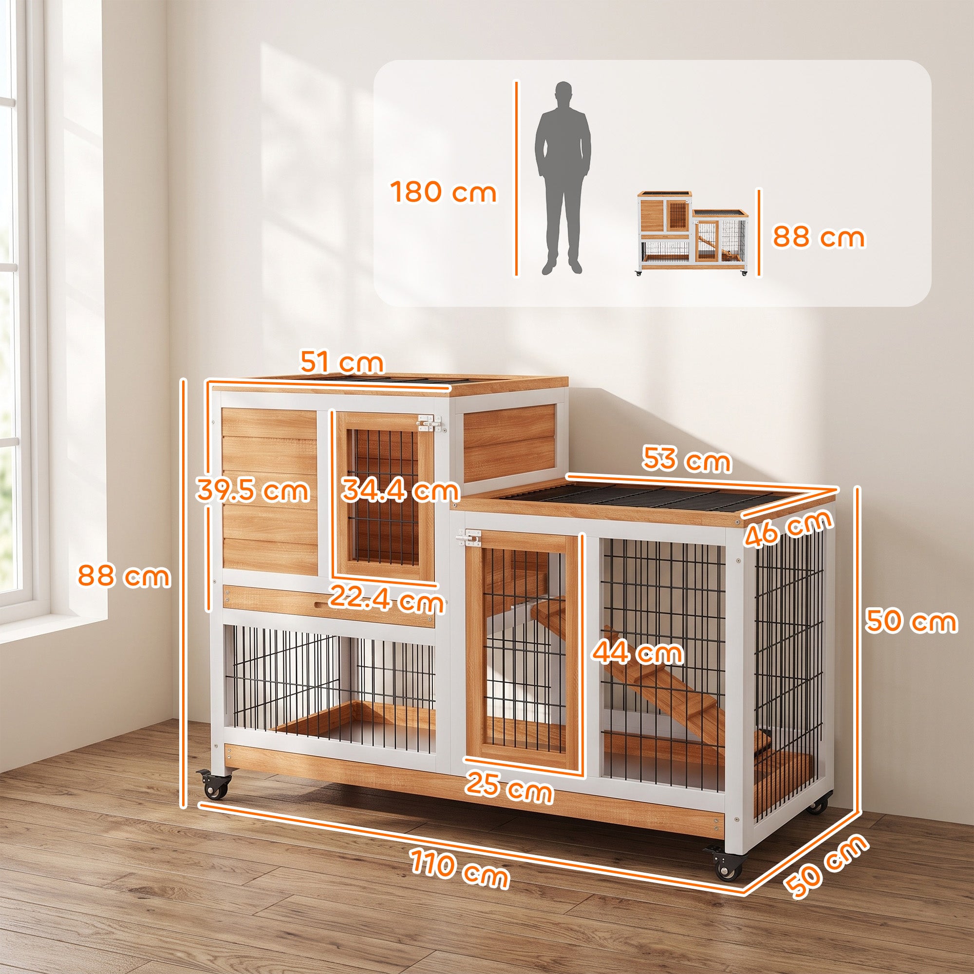 Wooden Rabbit Hutch, Guinea Pig House W/ Wheels & Enclosed Run, Brown