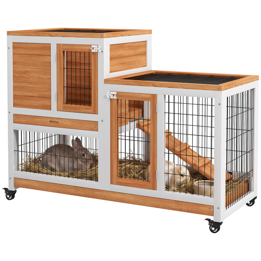 Wooden Rabbit Hutch, Guinea Pig House W/ Wheels & Enclosed Run, Brown
