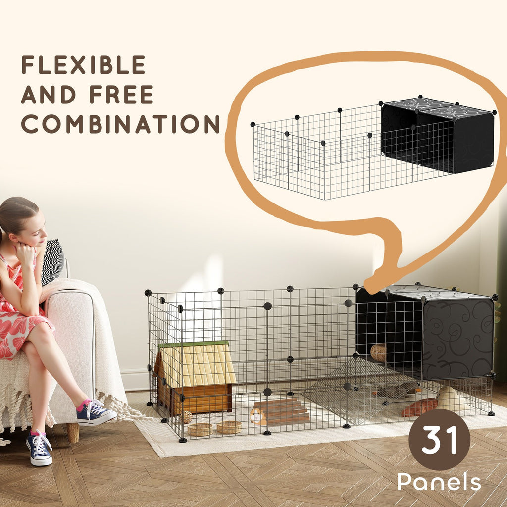 Pawhut DIY Small Animal Cage W/ Elevated Huts, for Guinea Pigs, Rabbits