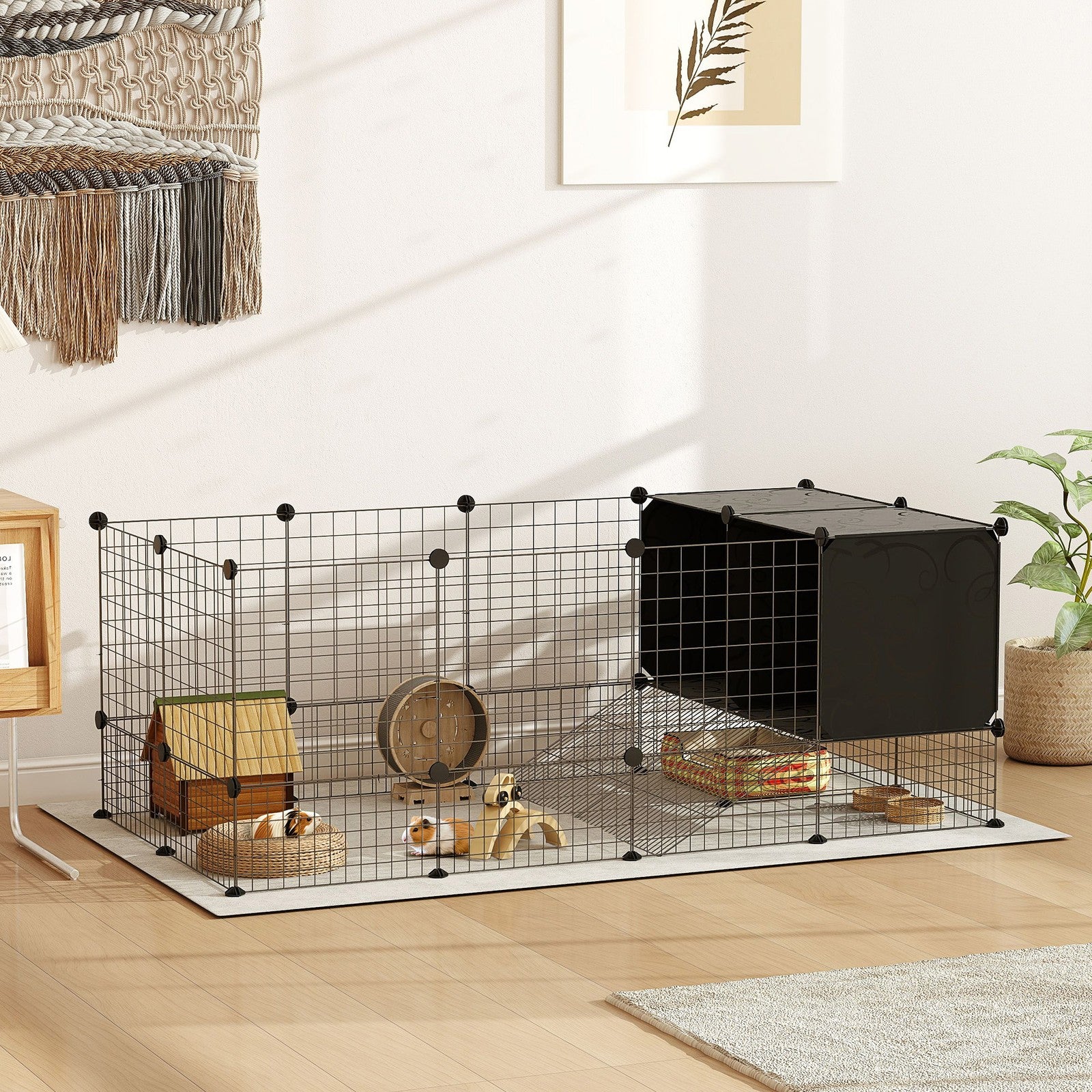 Pawhut DIY Small Animal Cage W/ Elevated Huts, for Guinea Pigs, Rabbits