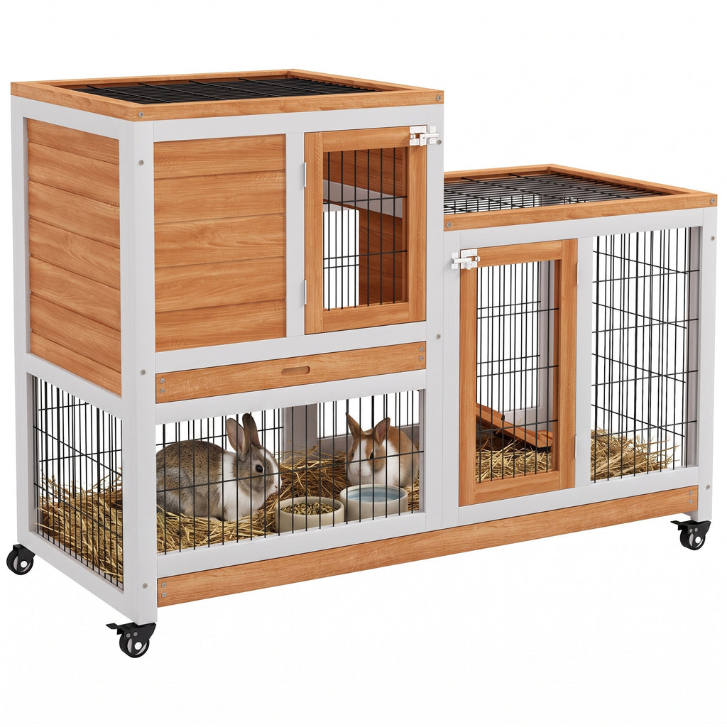 Wooden Rabbit Hutch, Guinea Pig House W/ Wheels & Enclosed Run, Brown