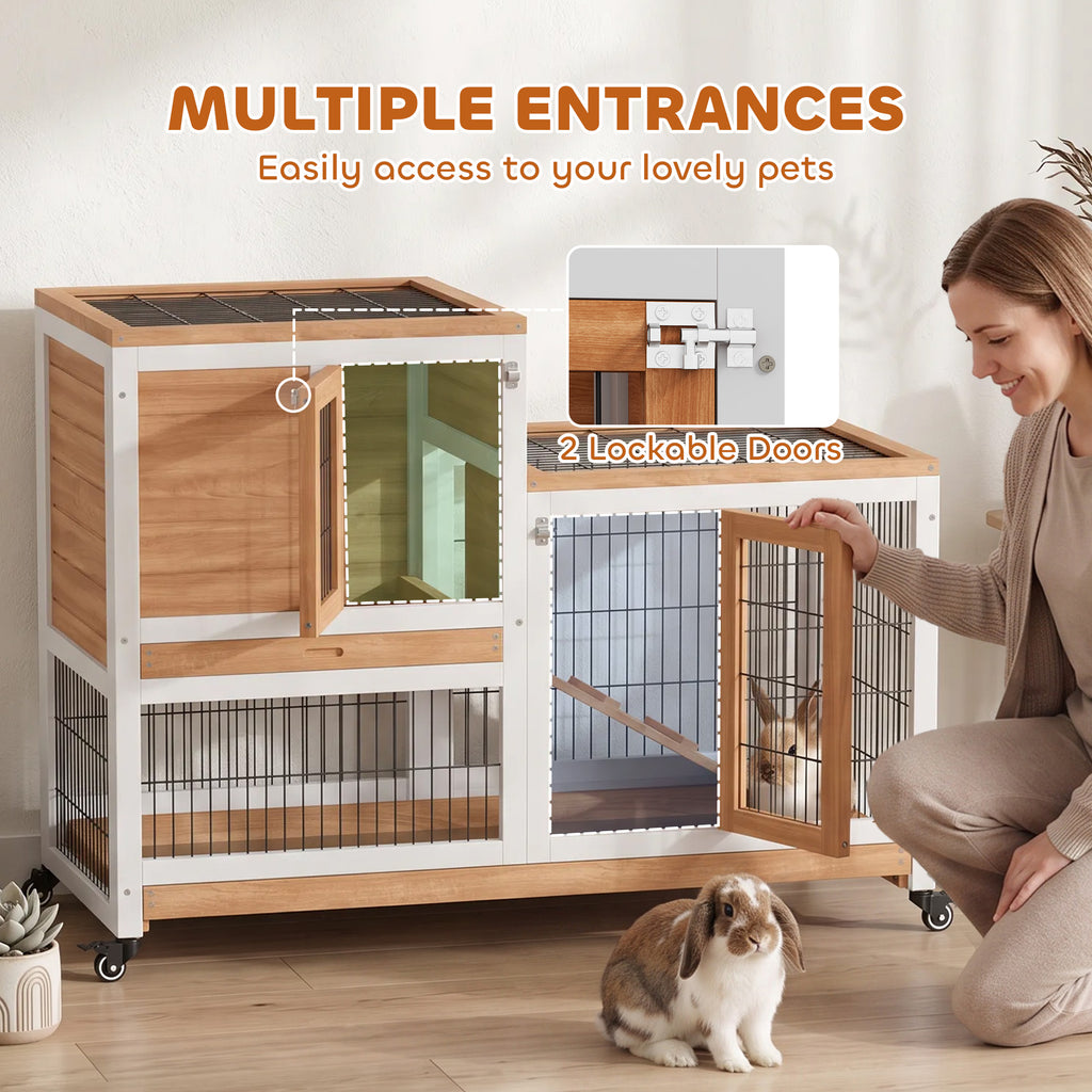 Wooden Rabbit Hutch, Guinea Pig House W/ Wheels & Enclosed Run, Brown