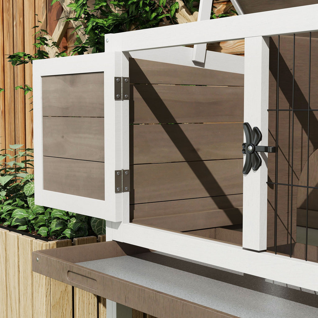 Guinea Pig Hutch, Wooden Small Animal Cage W/ Slide-Out Tray & Open Roof, Brown