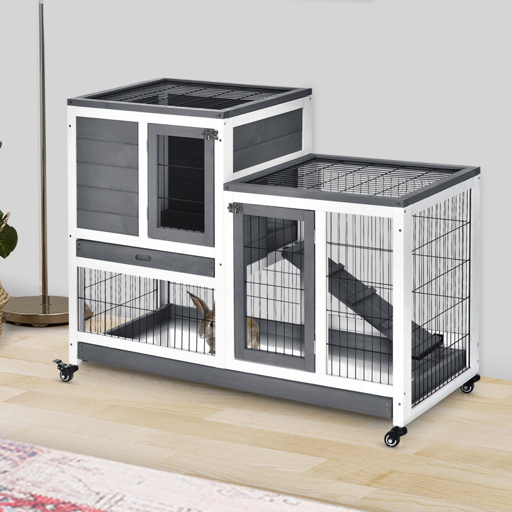 Wooden Rabbit Hutch, Guinea Pig House W/ Wheels & Enclosed Run, Brown