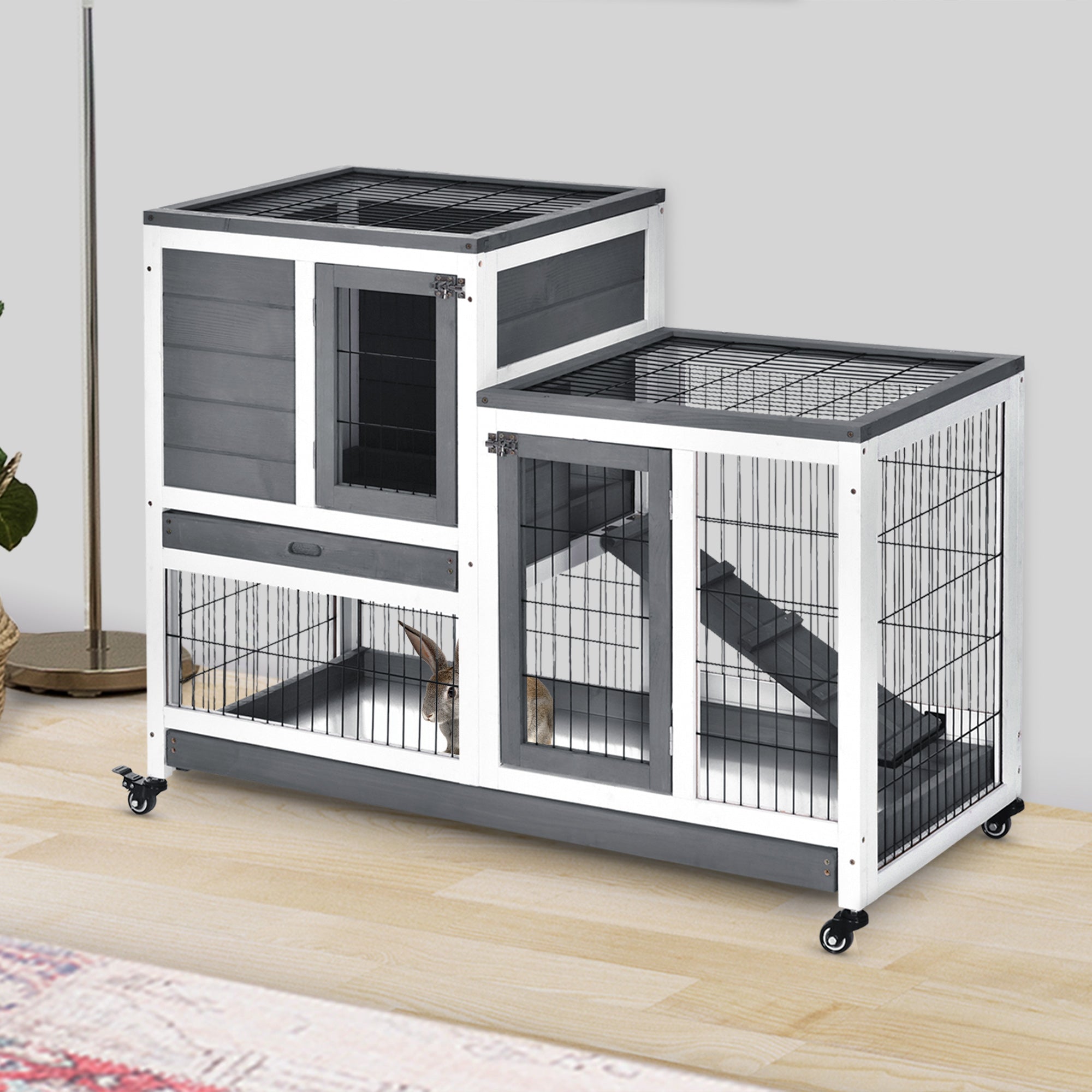 Wooden Rabbit Hutch, Guinea Pig House W/ Wheels & Enclosed Run, Brown