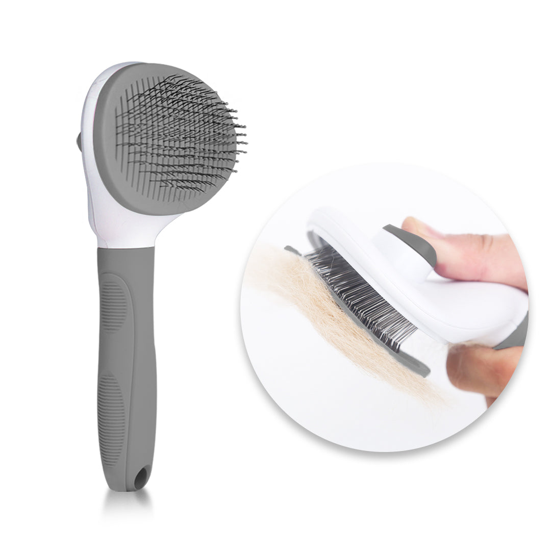 Self-cleaning grooming brush for cats and dogs with push-button hair release