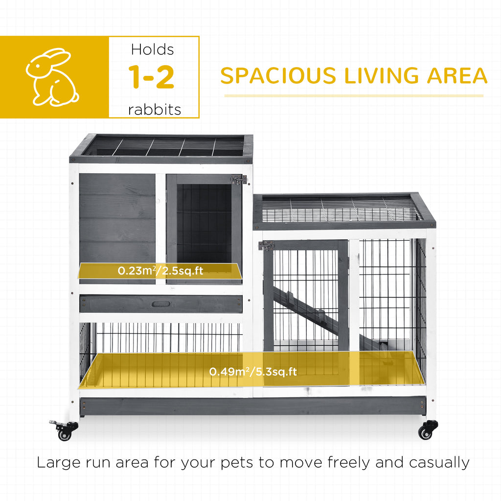 Wooden Rabbit Hutch, Guinea Pig House W/ Wheels & Enclosed Run, Brown