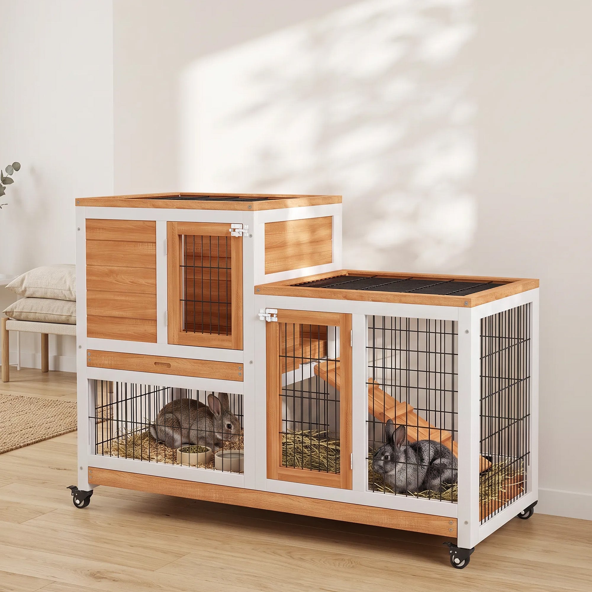 Wooden Rabbit Hutch, Guinea Pig House W/ Wheels & Enclosed Run, Brown