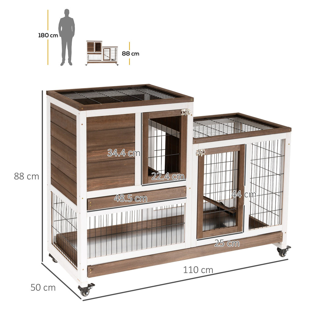 Wooden Rabbit Hutch, Guinea Pig House W/ Wheels & Enclosed Run, Brown