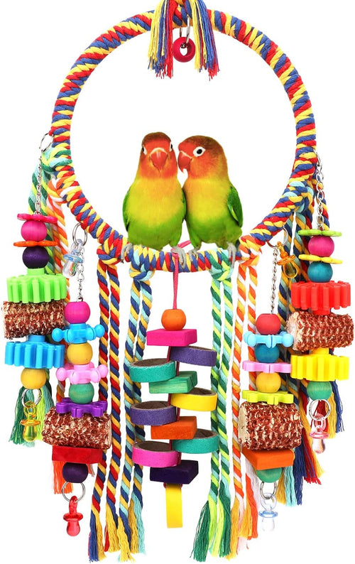 Bird Toys Bird Rope Ring Swing Perch with Corn Cob Cardboard Bagels Wooden Blocks Chewing Toys for Parakeets,Conure,Lovebirds,Finches and Other Small to Medium-Sized Birds.