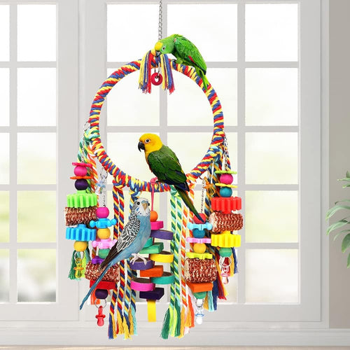 Bird Toys Bird Rope Ring Swing Perch with Corn Cob Cardboard Bagels Wooden Blocks Chewing Toys for Parakeets,Conure,Lovebirds,Finches and Other Small to Medium-Sized Birds.