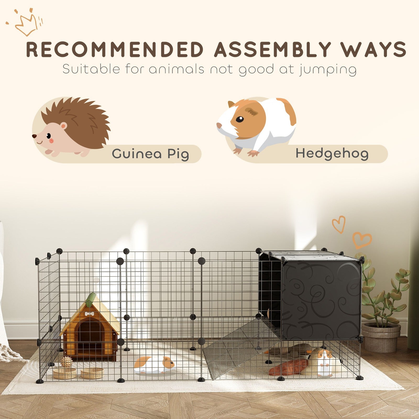 Pawhut DIY Small Animal Cage W/ Elevated Huts, for Guinea Pigs, Rabbits
