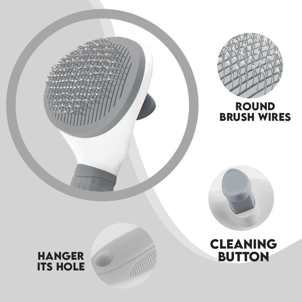 Self-cleaning pet brush with rounded stainless-steel pins and cleaning button