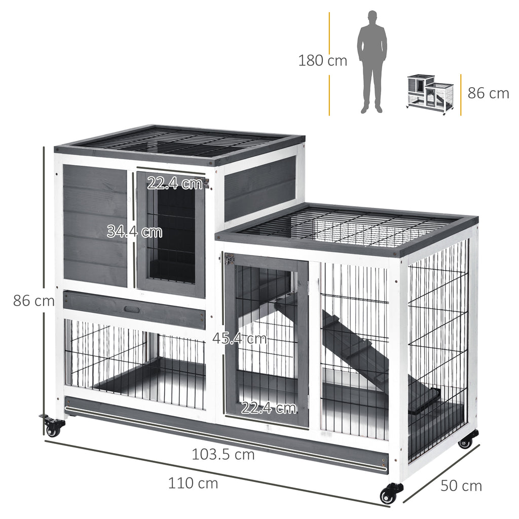 Wooden Rabbit Hutch, Guinea Pig House W/ Wheels & Enclosed Run, Brown