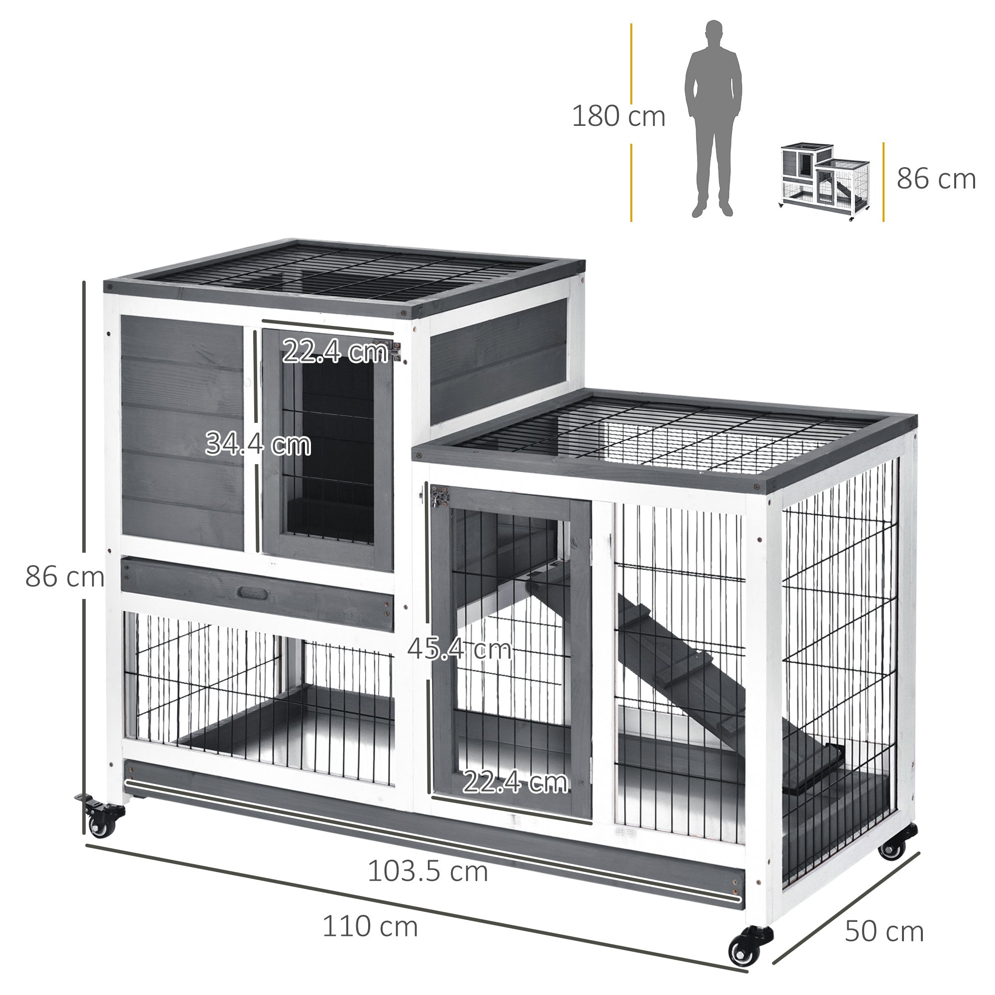 Wooden Rabbit Hutch, Guinea Pig House W/ Wheels & Enclosed Run, Brown