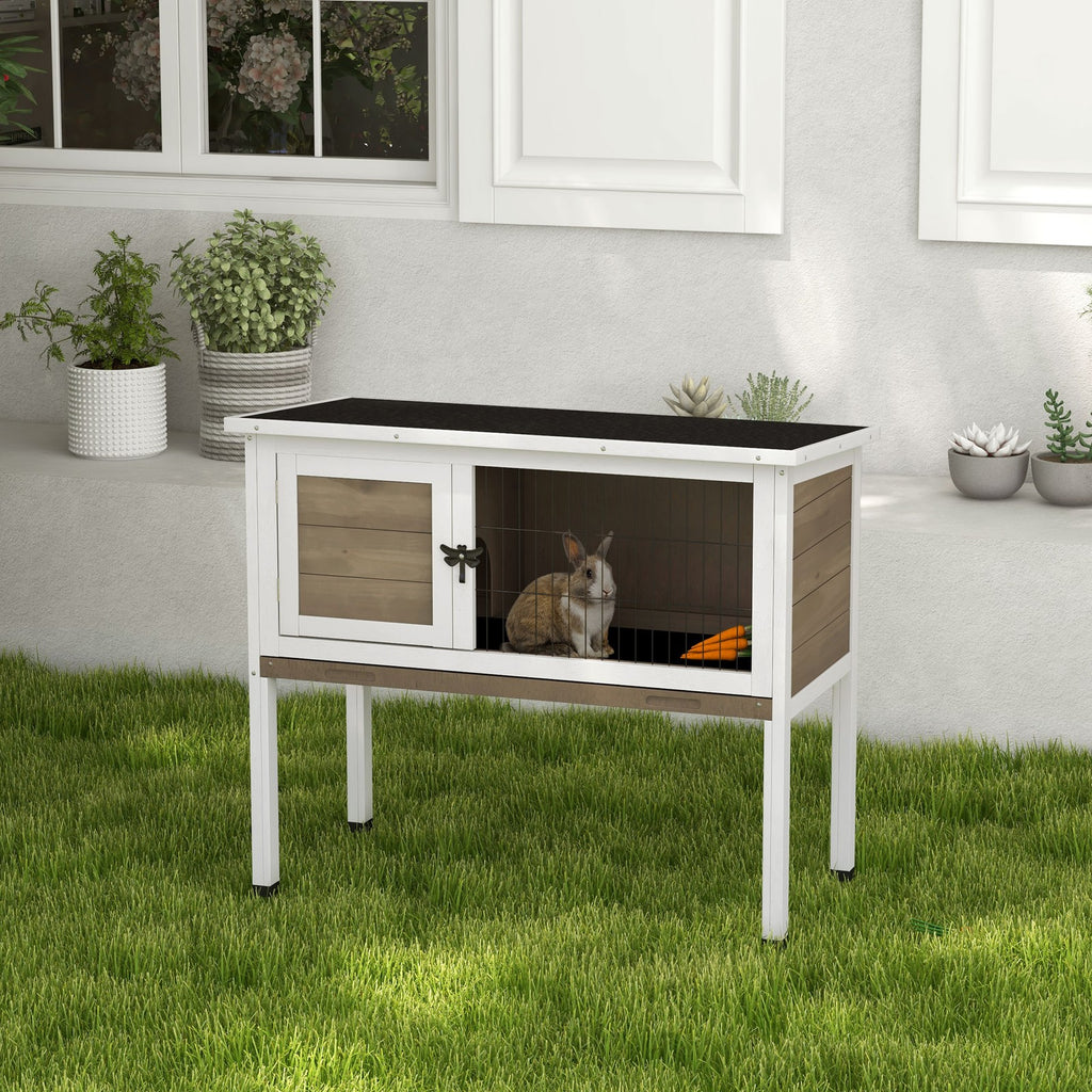 Guinea Pig Hutch, Wooden Small Animal Cage W/ Slide-Out Tray & Open Roof, Brown