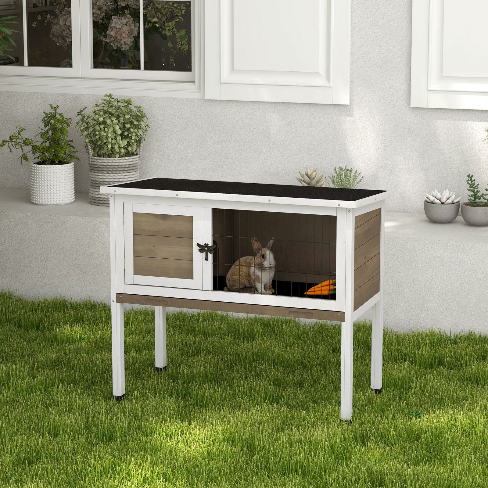 Guinea Pig Hutch, Wooden Small Animal Cage W/ Slide-Out Tray & Open Roof, Brown