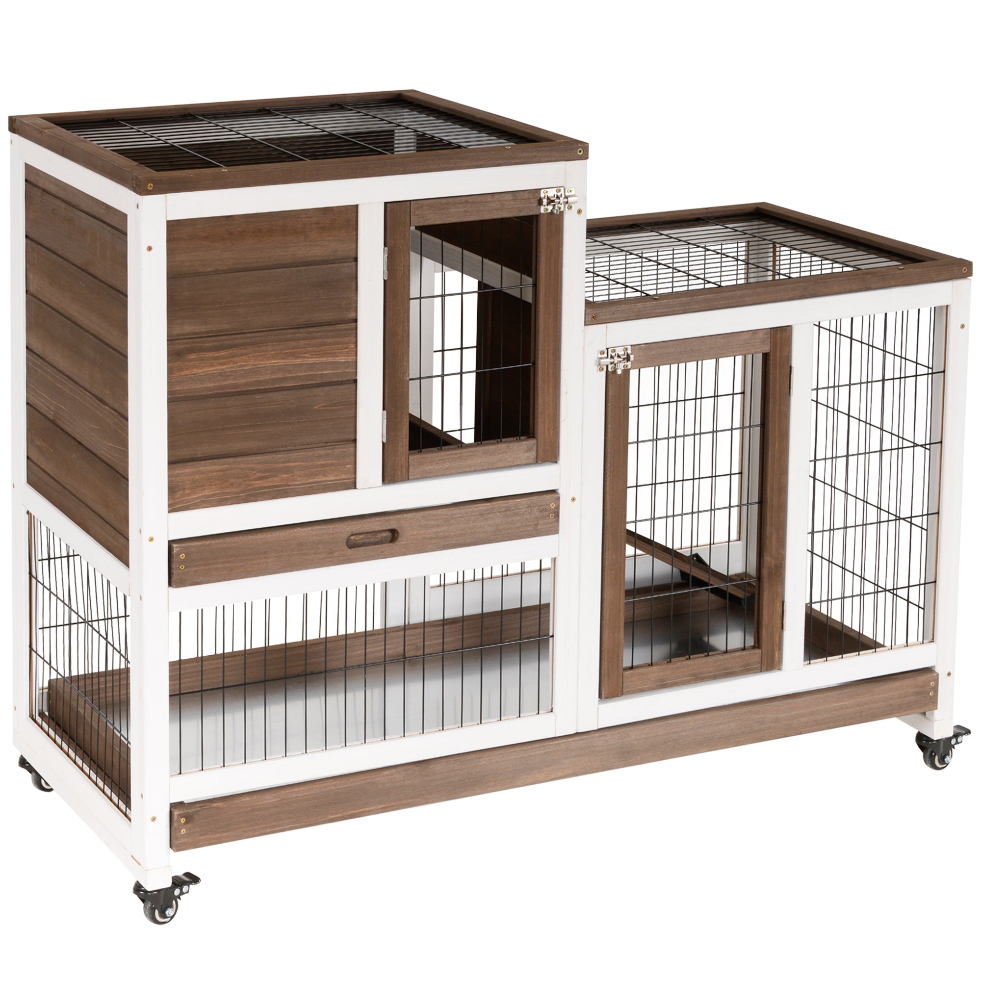 Wooden Rabbit Hutch, Guinea Pig House W/ Wheels & Enclosed Run, Brown
