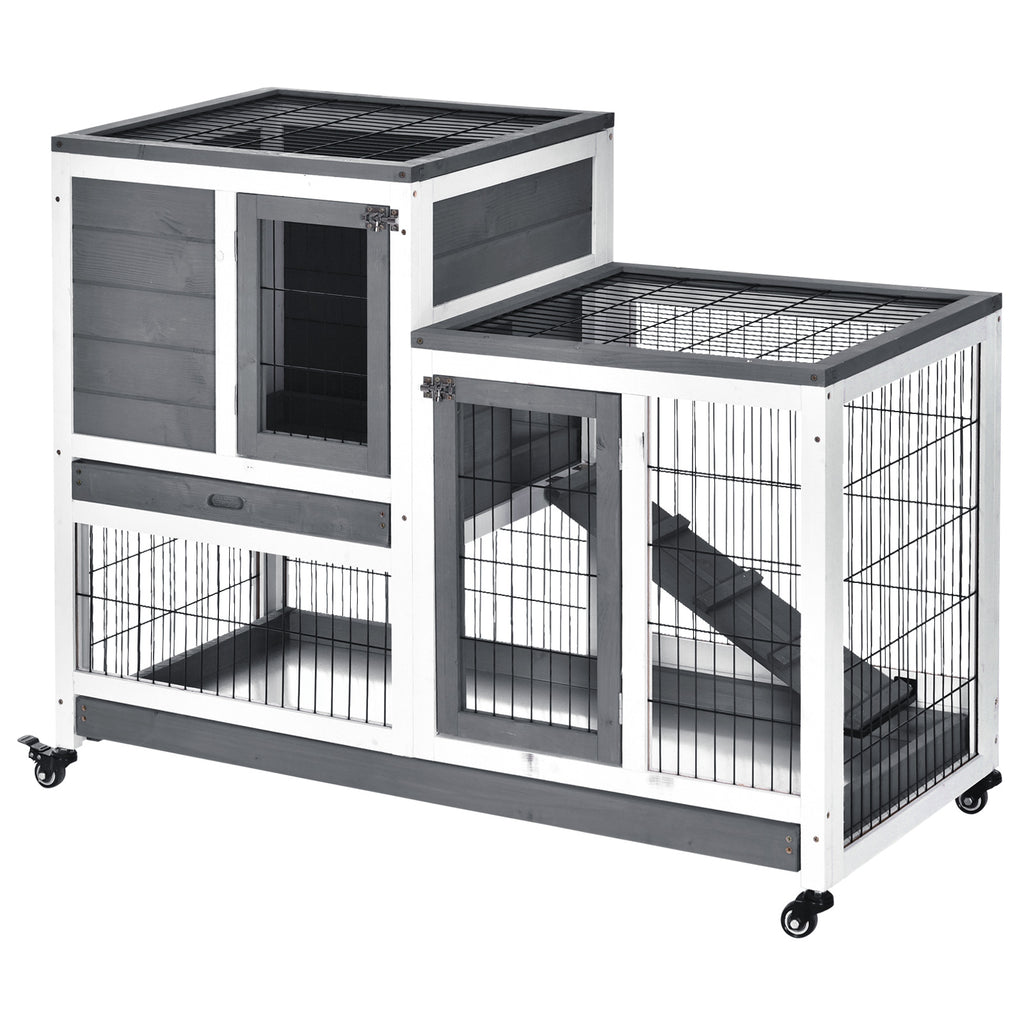 Wooden Rabbit Hutch, Guinea Pig House W/ Wheels & Enclosed Run, Brown