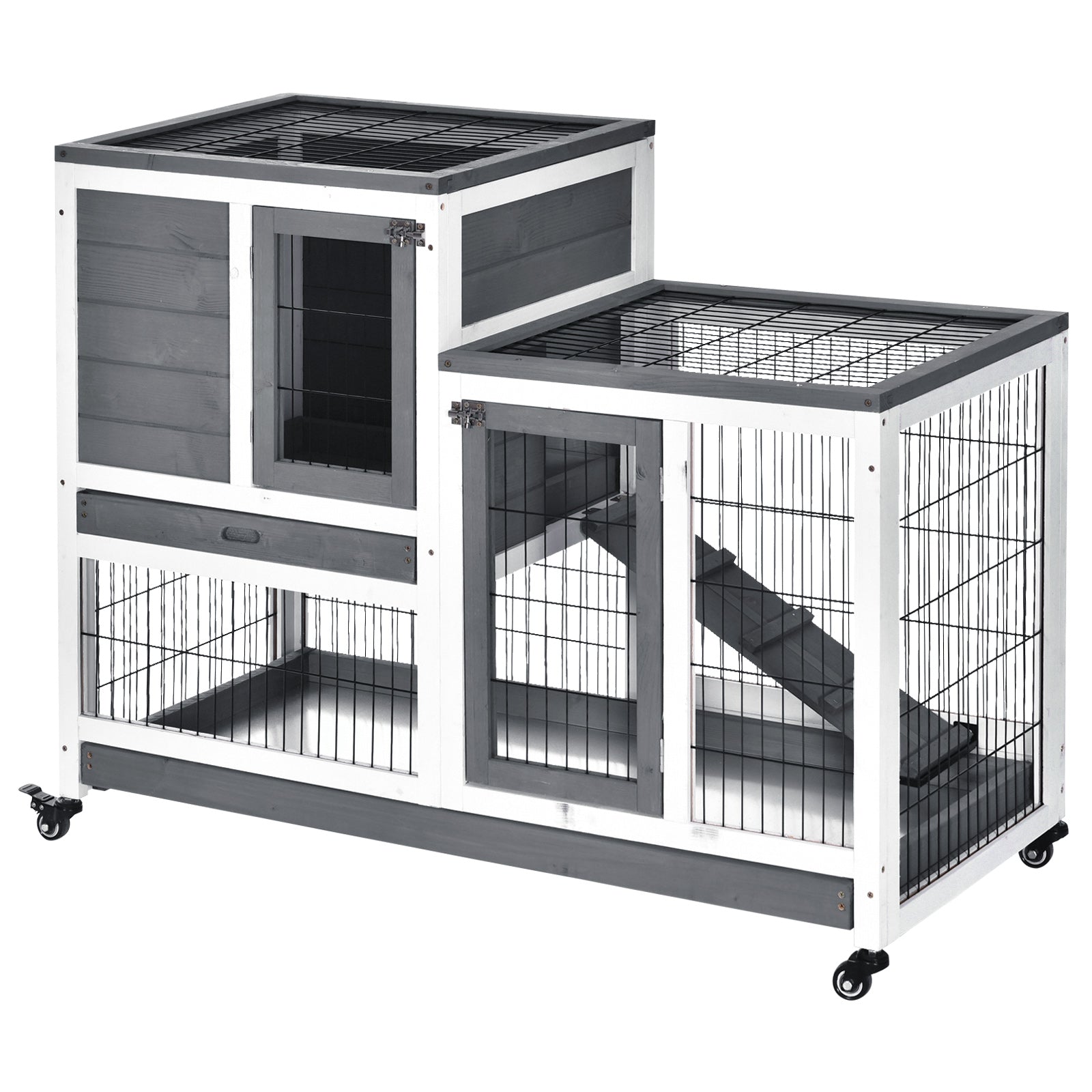 Wooden Rabbit Hutch, Guinea Pig House W/ Wheels & Enclosed Run, Brown