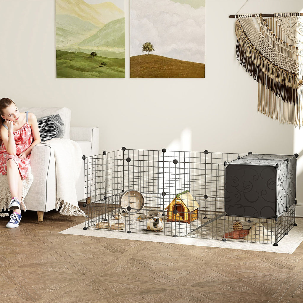 Pawhut DIY Small Animal Cage W/ Elevated Huts, for Guinea Pigs, Rabbits