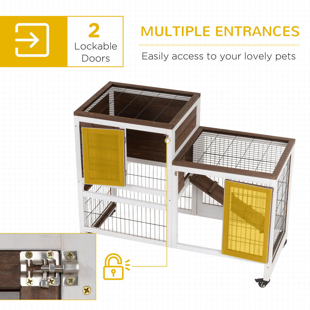 Wooden Rabbit Hutch, Guinea Pig House W/ Wheels & Enclosed Run, Brown