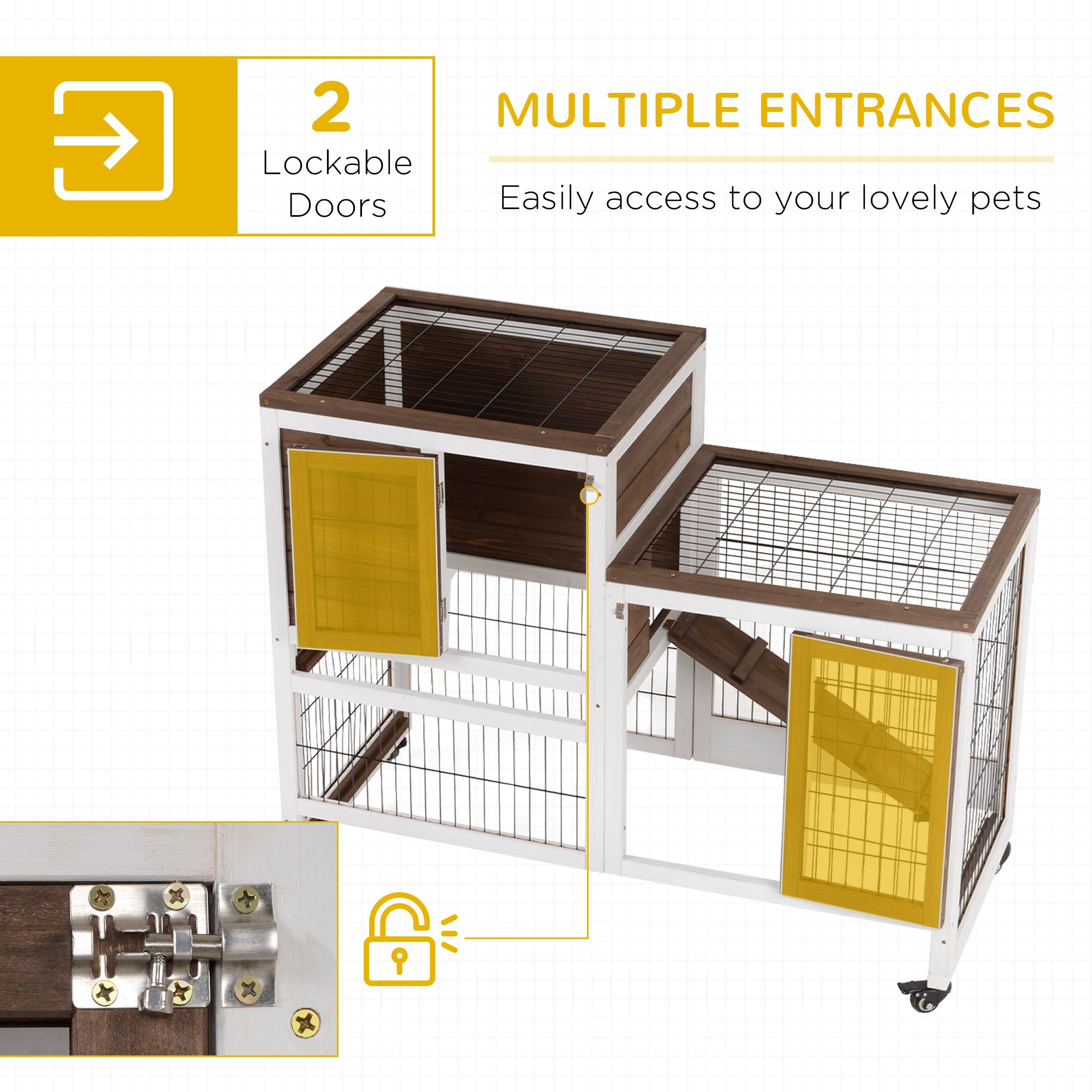 Wooden Rabbit Hutch, Guinea Pig House W/ Wheels & Enclosed Run, Brown