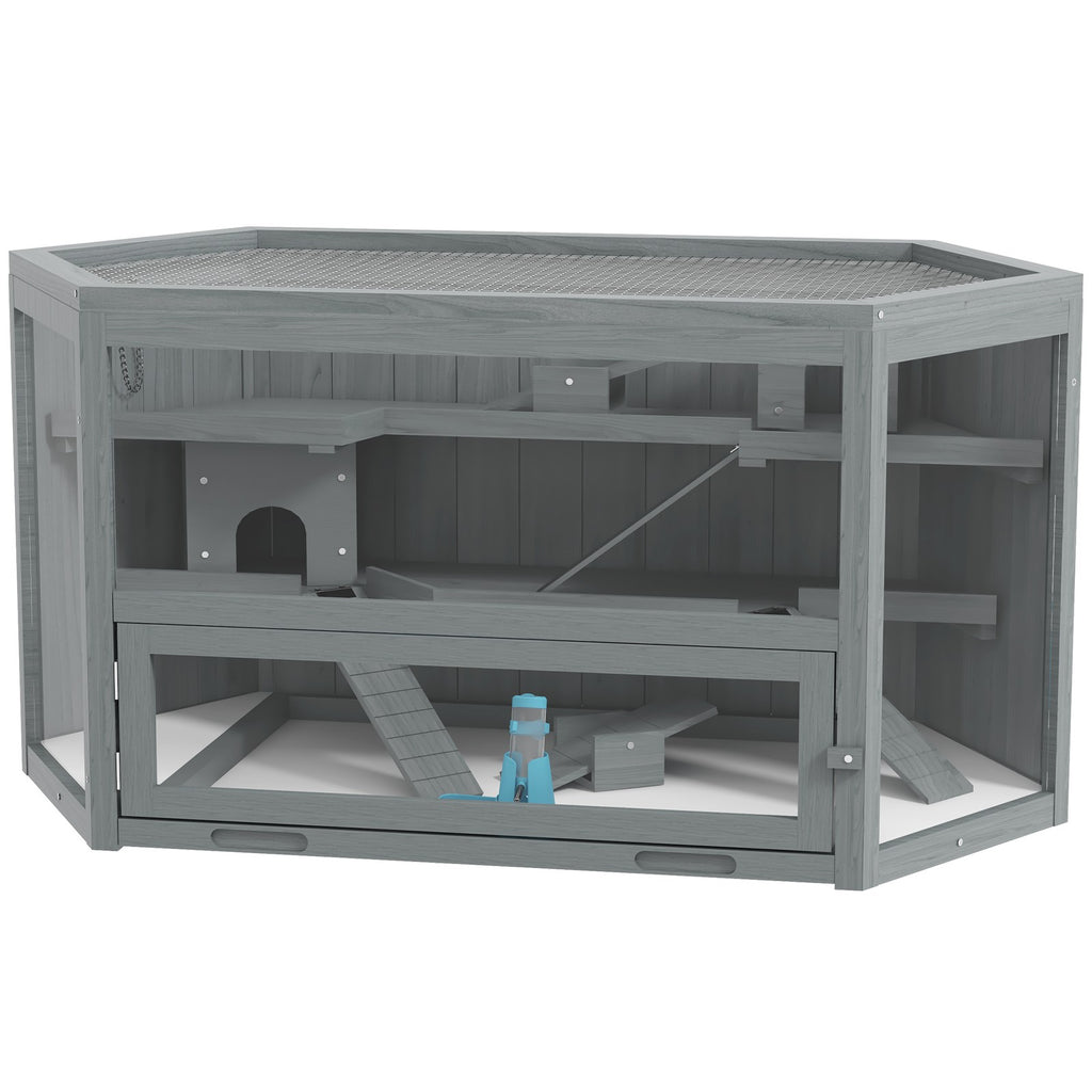 Pawhut 3 Tier Wooden Hamster Cage Gerbil Play Centre W/ Sliding Tray Ramps