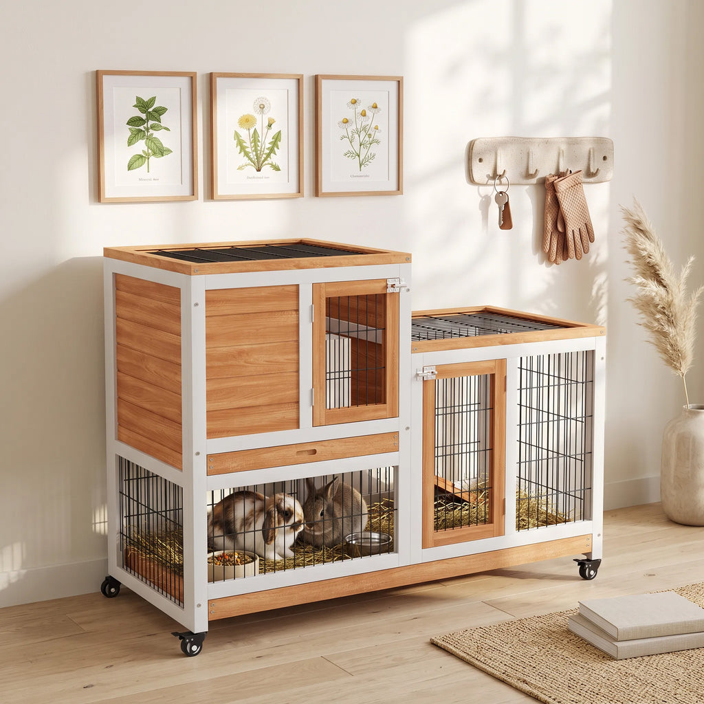 Wooden Rabbit Hutch, Guinea Pig House W/ Wheels & Enclosed Run, Brown