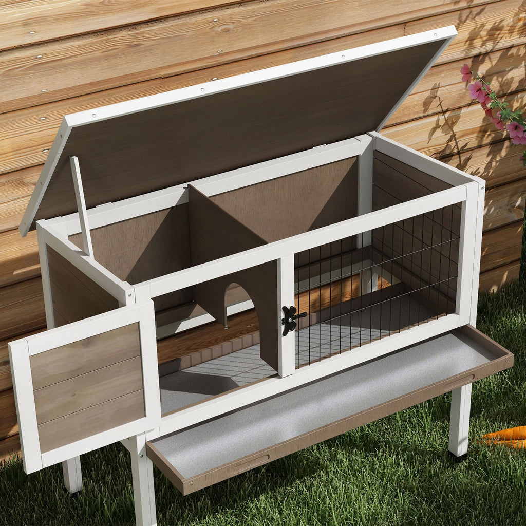 Guinea Pig Hutch, Wooden Small Animal Cage W/ Slide-Out Tray & Open Roof, Brown