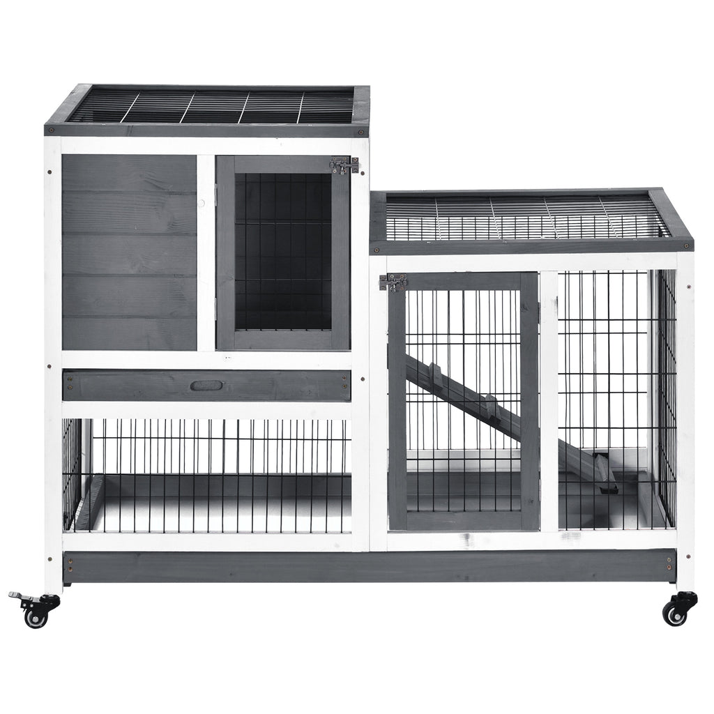 Wooden Rabbit Hutch, Guinea Pig House W/ Wheels & Enclosed Run, Brown