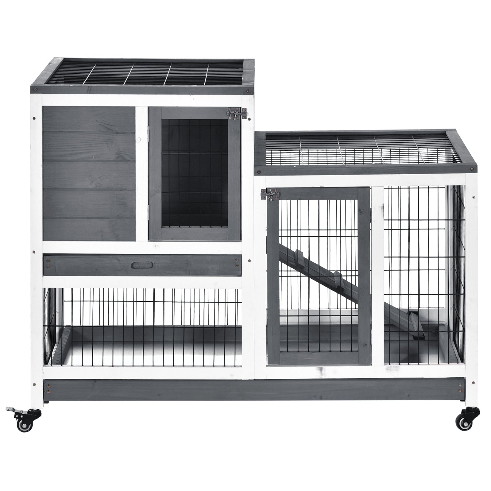 Wooden Rabbit Hutch, Guinea Pig House W/ Wheels & Enclosed Run, Brown