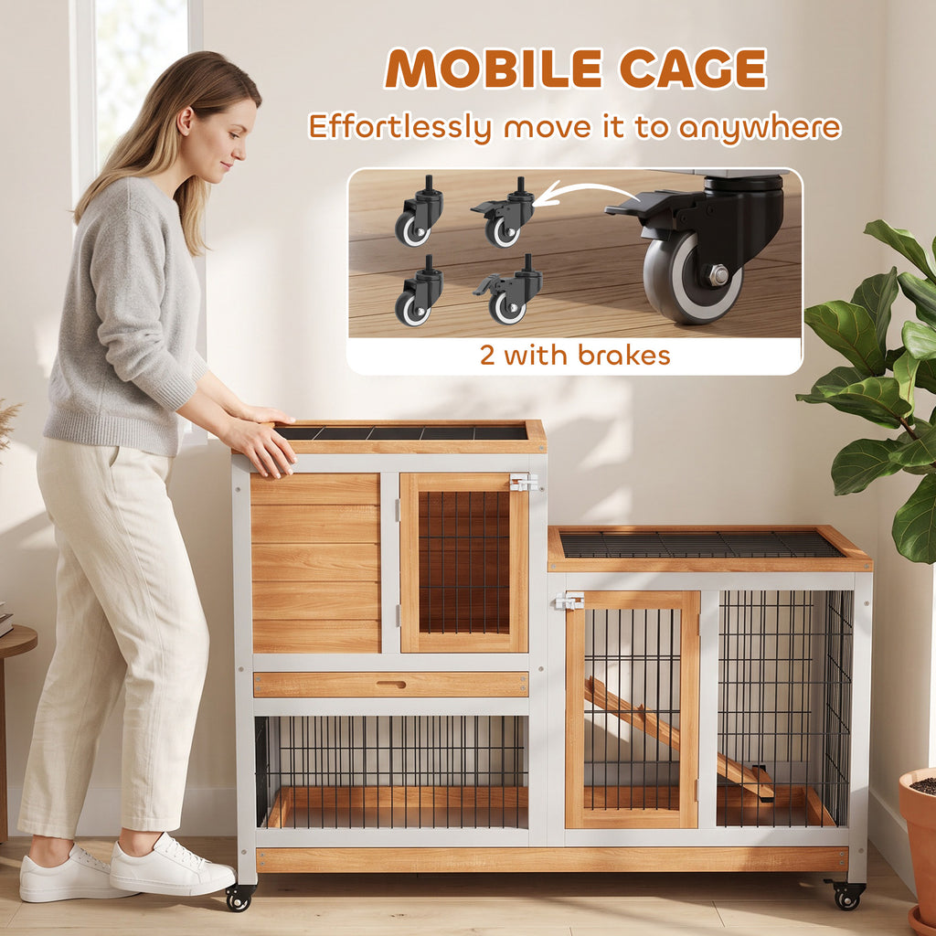 Wooden Rabbit Hutch, Guinea Pig House W/ Wheels & Enclosed Run, Brown