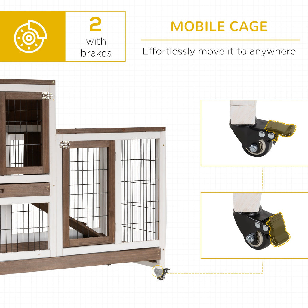 Wooden Rabbit Hutch, Guinea Pig House W/ Wheels & Enclosed Run, Brown