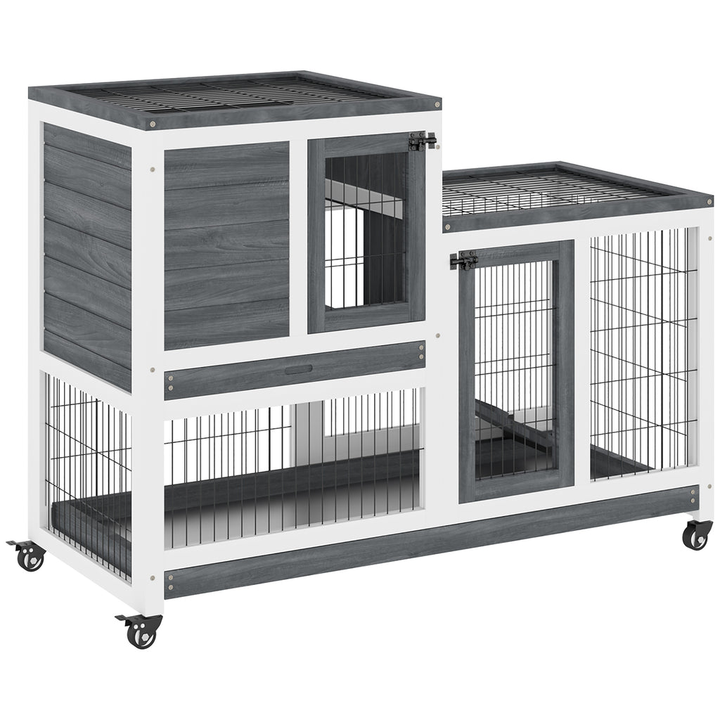 Wooden Rabbit Hutch, Guinea Pig House W/ Wheels & Enclosed Run, Brown