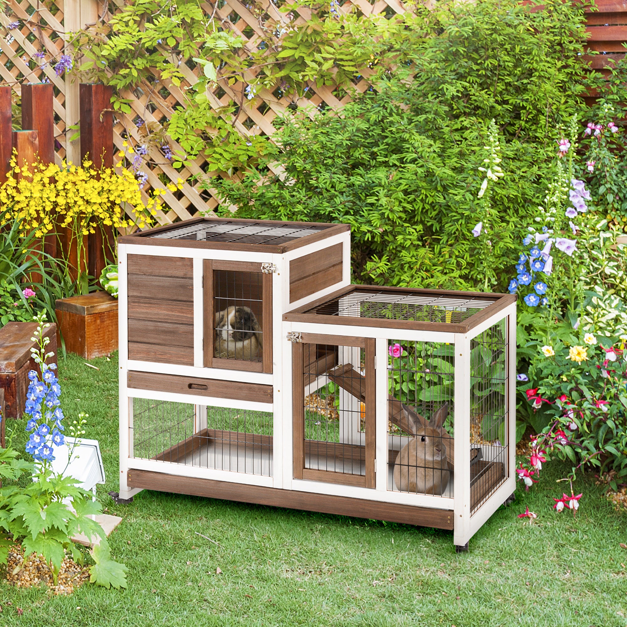 Wooden Rabbit Hutch, Guinea Pig House W/ Wheels & Enclosed Run, Brown