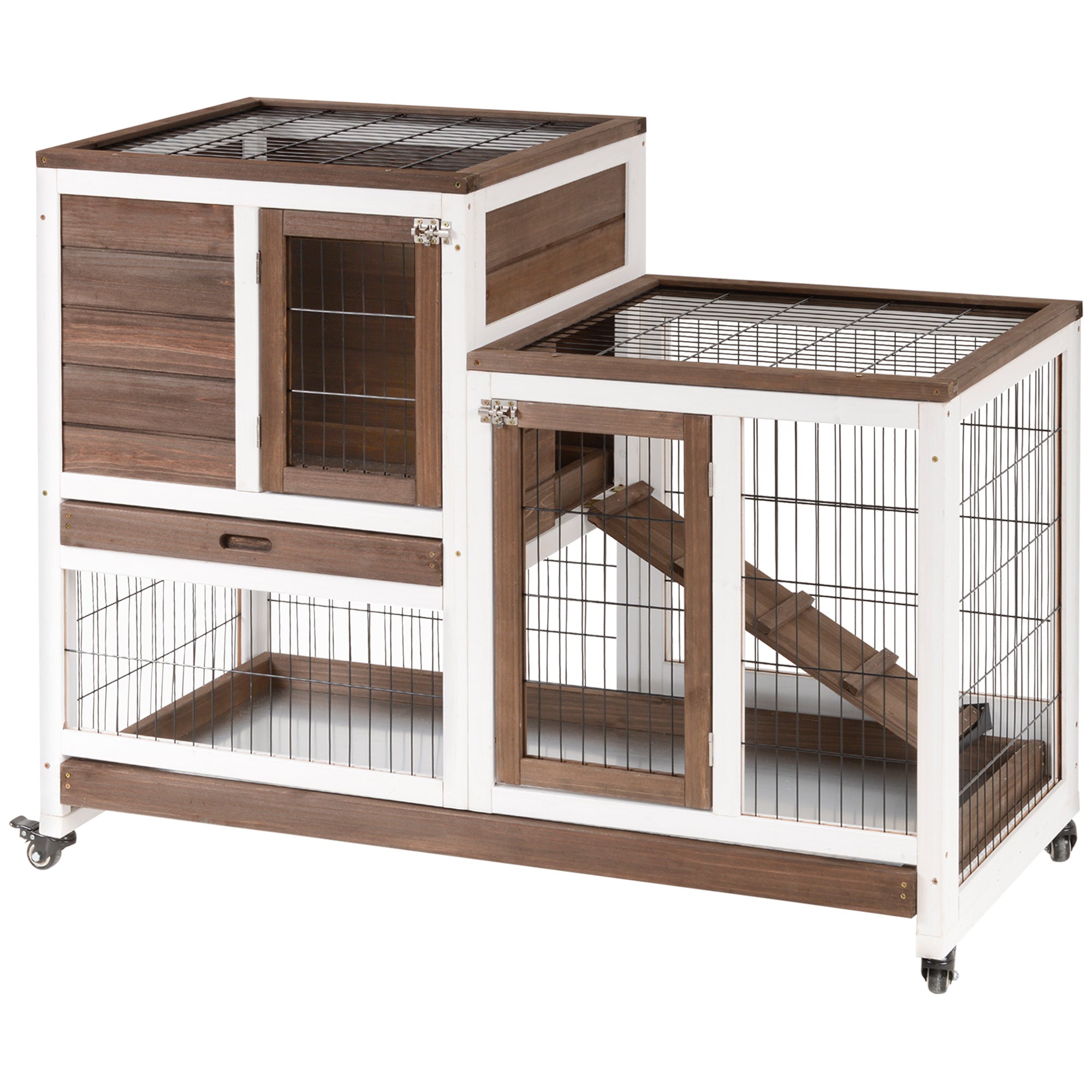 Wooden Rabbit Hutch, Guinea Pig House W/ Wheels & Enclosed Run, Brown