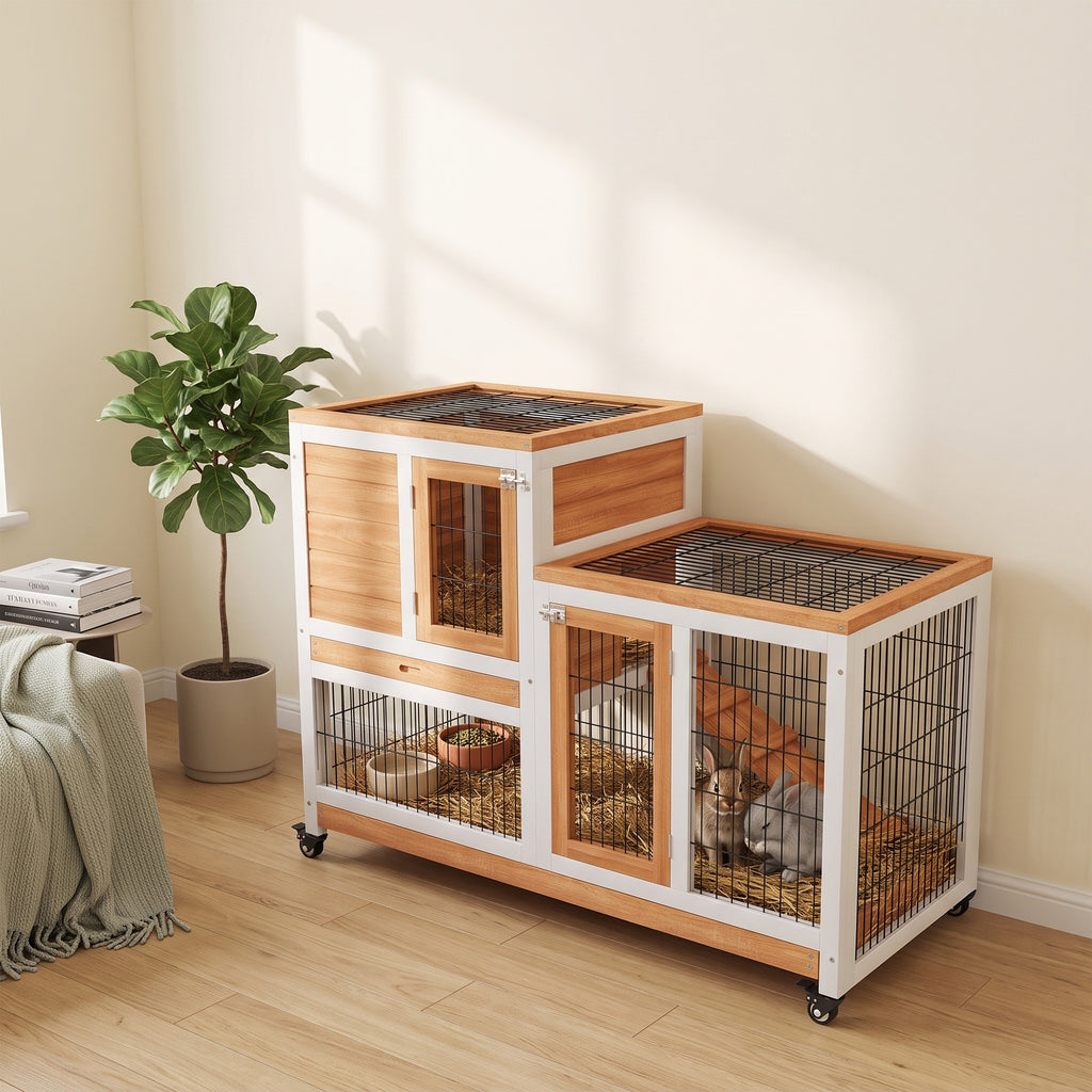 Wooden Rabbit Hutch, Guinea Pig House W/ Wheels & Enclosed Run, Brown