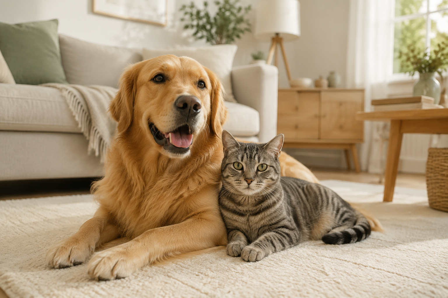 Golden retriever and tabby cat relaxing together at home